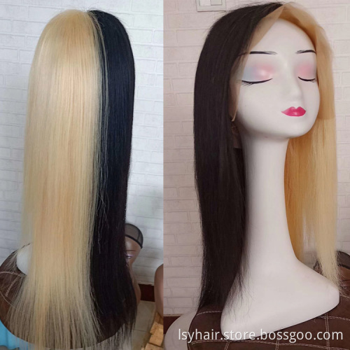 Sexy New Design Half Blonde 613 Half Black Hand Made Human Hair Front Lace Wig  Baby Hair 150% Density  Lace Front Wig For Women